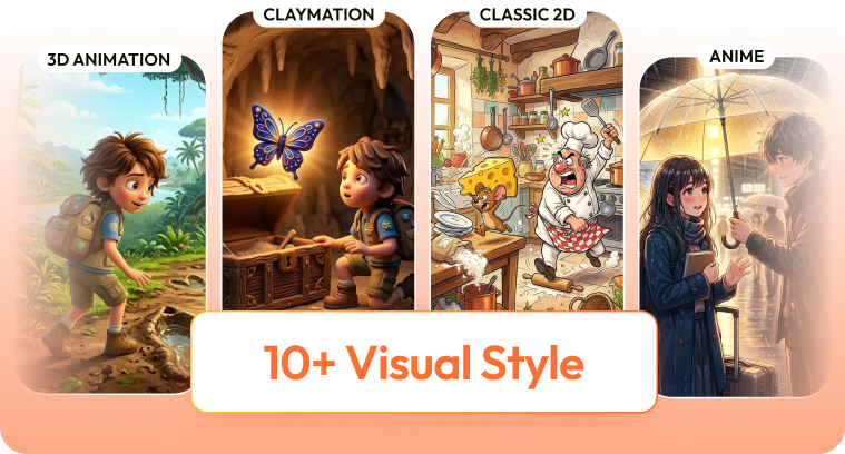 RocketToons visual styles: 3D animation, claymation, classic 2D, and anime